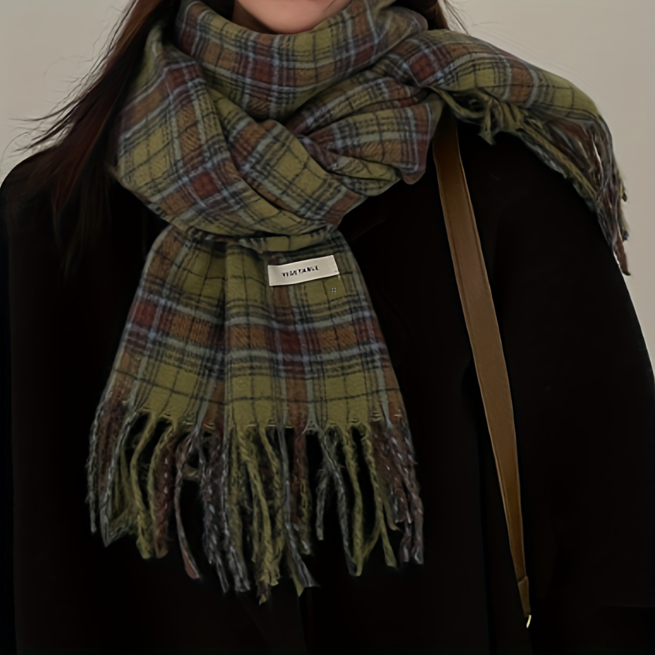 Vintage Green Plaid Tassel Sca - Cashmere Scarf Wrap ulasan dan harga